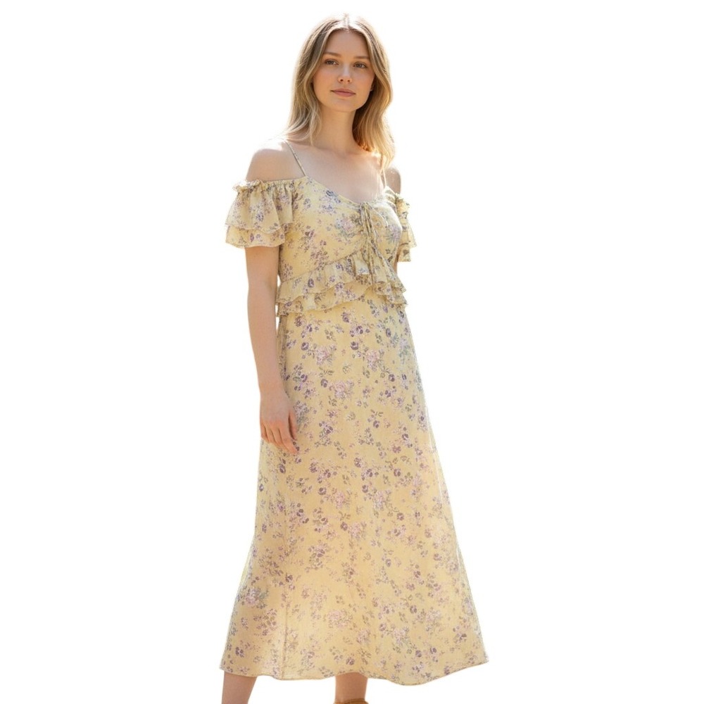 Lush Floral Maxi Dress Yellow Purple Cold Shoulder Ruffle LD44645-003 Womens XS